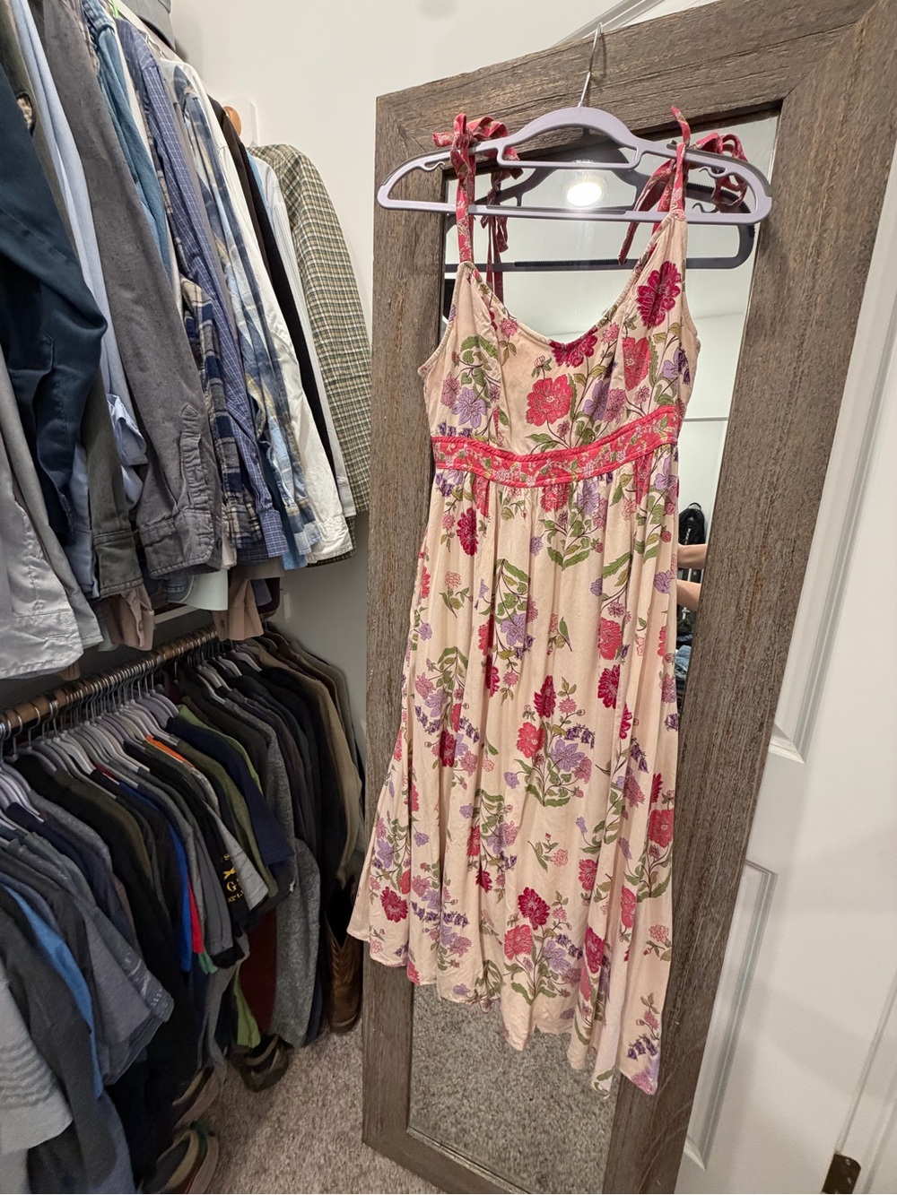 Patrons of Peace Cream Midi Dress with Pink and Green Floral Print